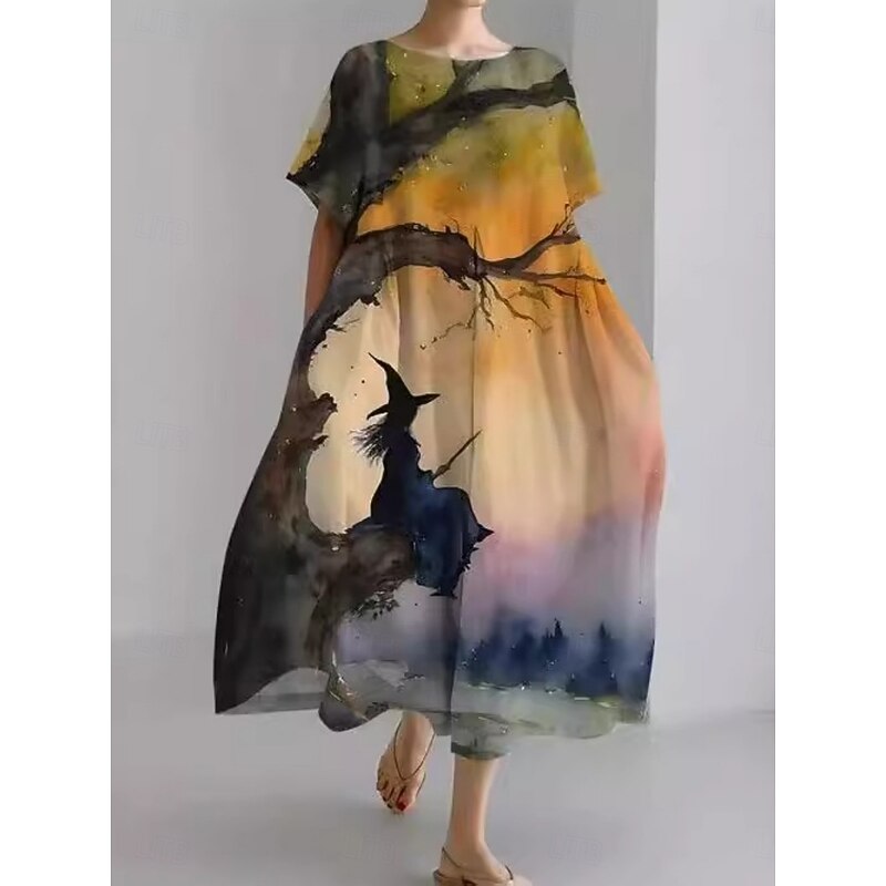 Halloween Women's Witch Print Midi Dress A Line Dress Summer Dress Casual Daily Regular Fit Graphic Short Sleeve Crew Neck Yellow Blue Purple Green Summer2