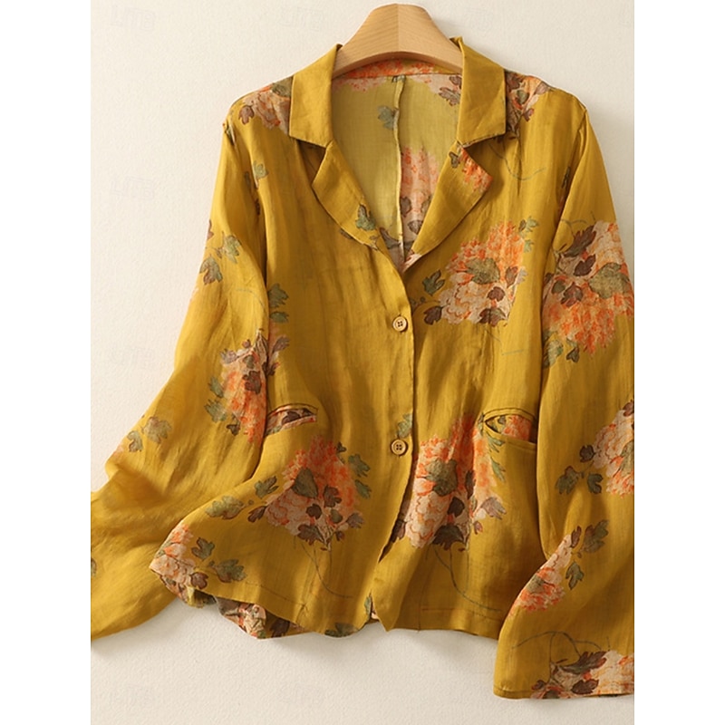 Women's Blazer Comfortable Breathable Pocket Print Vintage Casual Floral Office Street Casual Daily Wear Single Breasted Regular Turndown Regular Fit Long Sleeve Outerwear Yellow Summer Spring