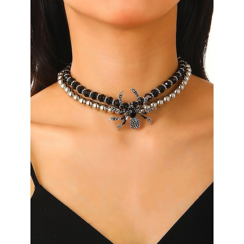 Women's Halloween Spider Jewelry Set – Gothic Beaded Choker, Adjustable Bracelet and Statement Ring, Alloy Rhinestone Design for Costume Party, Cosplay and Spooky Night Out3