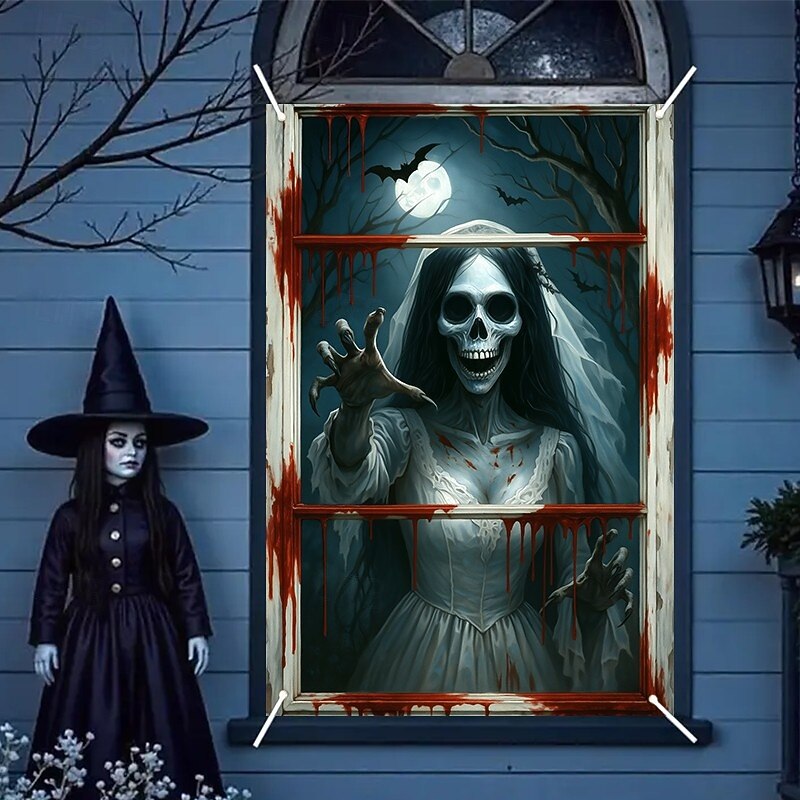 Halloween Window Curtain Grim Reaper Behind Bloody Wooden Planks, Creepy Door Cover, Window cover,  Wall Tapestry for 2025 Halloween Haunted House Spooky Home Decoration4