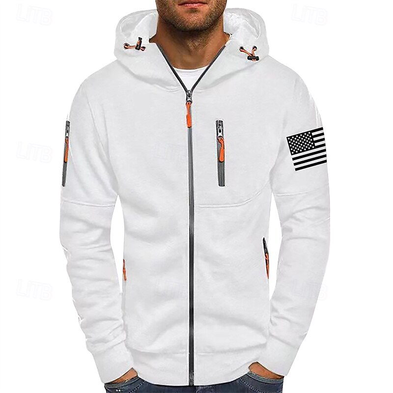 Men's Hoodie Full Zip Hoodie Black White Wine Army Green Navy Blue Hooded National Flag Zip Up Pocket Sports & Outdoor Daily Holiday Polyester Streetwear Basic Casual Spring Fall Clothing Apparel3