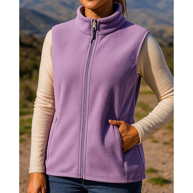 Women's Fleece Vest Thermal Vest Sleeveless Vest Outdoor Thermal Warm Winter Zipper Pocket Polyester Black Light Purple Purple Hunting Fishing Climbing