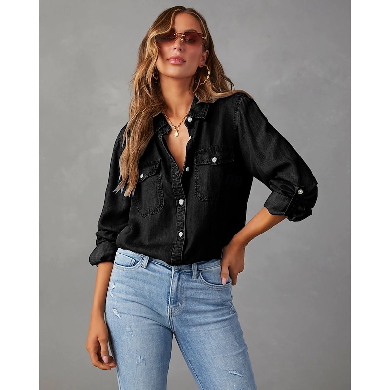 Women's Cotton Blend Denim Shirt Button Down Blouse Solid Color Vintage Tropical Daily Long Sleeve Shirt Button Down Blouse Collar Regular Tops Work Daily Holiday Light Blue Black Dark Blue Dark Gray4