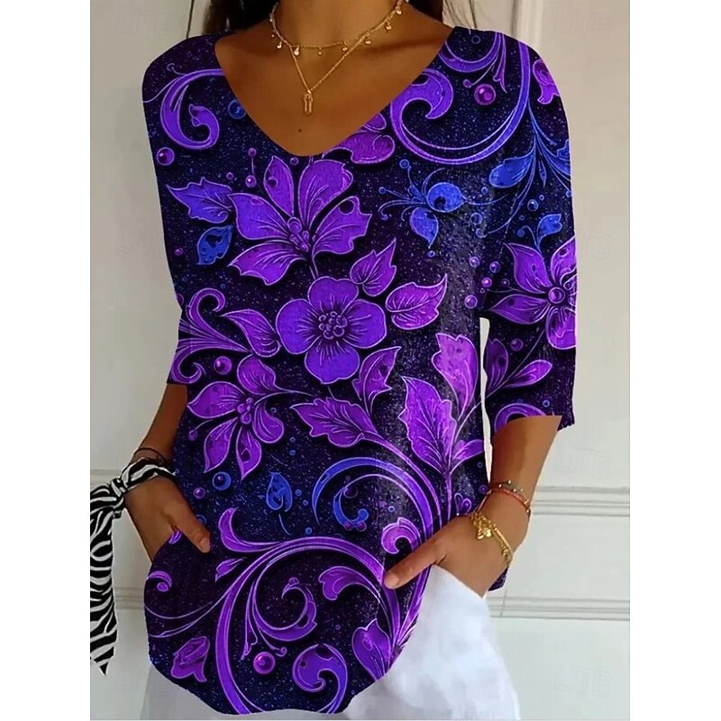 Women's Blouse Floral Graphic Vintage Tropical Stylish 3/4 Length Sleeve V Neck Regular Tops Daily Black Light Purple Purple Fuchsia Summer Spring Fall2