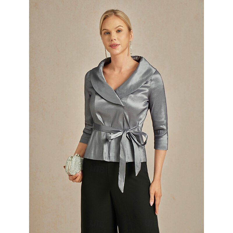 Women's Blouse Evening Tops Elegant Metallic Stylish 3/4 Length Sleeve V Neck Regular Tops Wedding Guest Evening Party Semi Formal Tie Front Gray Spring, Fall, Winter, Summer3