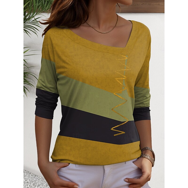 Women's T Shirt Graphic Geometric Vintage Casual Long Sleeve Asymmetric Neck Regular Tops Daily Print Yellow Red Royal Blue Purple Spring Fall4