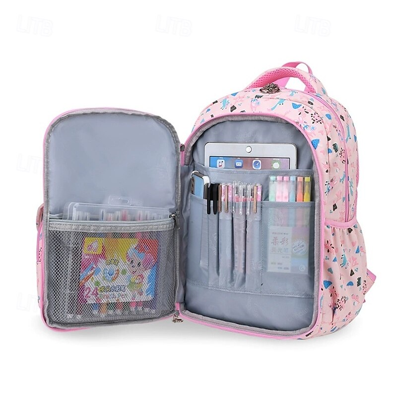 Girls' Cute Printed School Backpack with Heart Zipper Charm, Lightweight Waterproof Multi-Pocket Bookbag for Elementary and Middle School Students, Available in Pink, Purple, Blue, and Beige3