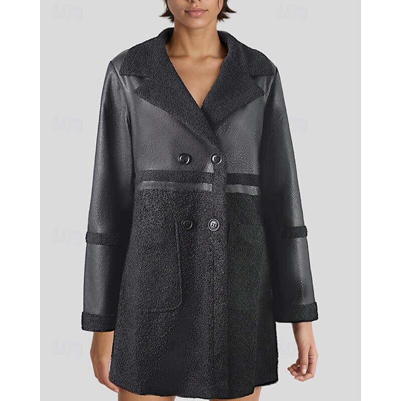 Women's Faux Leather Jacket Winter Jacket Warm Comfortable Pocket Buttons Fashion Modern Casual Plain Going out Weekend Single Breasted Regular Peaked Lapel Regular Fit Long Sleeve Outerwear Black