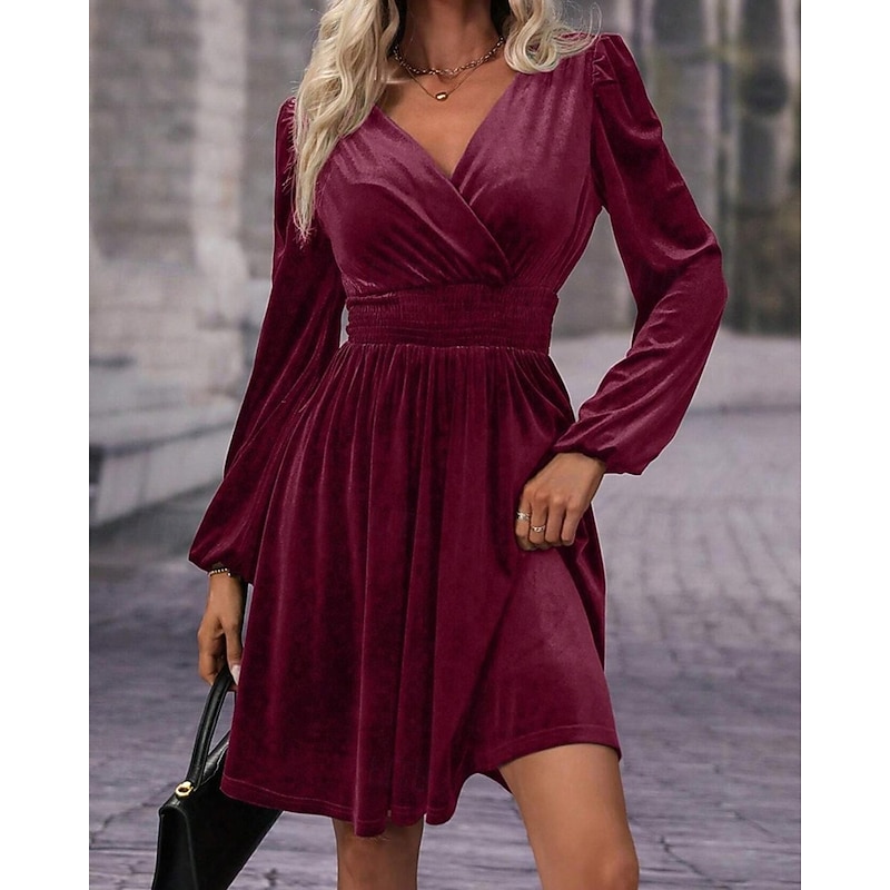 Women's Mini Dress Velvet Dress Winter Dress Cocktail Dress Fashion Modern Evening Party Weekend Regular Fit Plain Long Sleeve V Neck Black Red Green Summer3