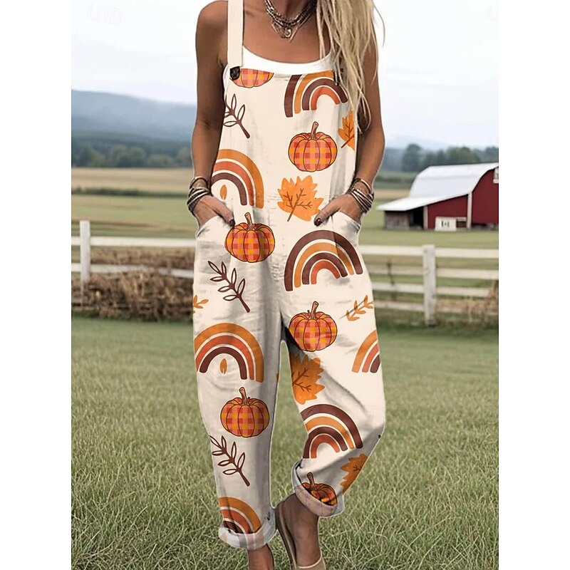 Halloween Women's Jumpsuit Active Graphic Sleeveless Sleeveless Wide Leg Pocket Buttons Vacation Street Loose Fit Black Orange Beige Summer