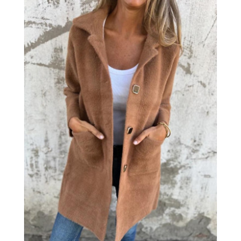 Women's Coat Warm Comfortable Pocket Buttons Fashion Plain Going out Weekend Single Breasted Long Turndown Regular Fit Long Sleeve Outerwear Pink Blue Camel Fall Winter3