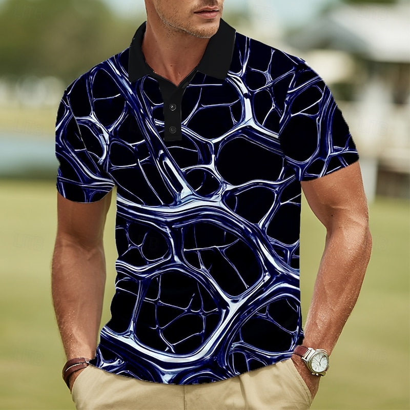 Men's Abstract Geometic Polo Short Sleeve Polo Shirts Lapel Casual Street Athleisure Outdoor clothing Daily Wear 3D Print Buttons Summer Black White Navy Blue2