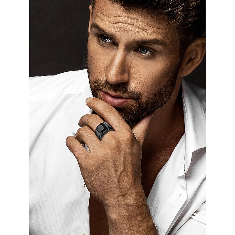 Men's Black Alloy Ring with Square Black Gemstone – Fashionable Statement Ring for Casual and Evening Wear4