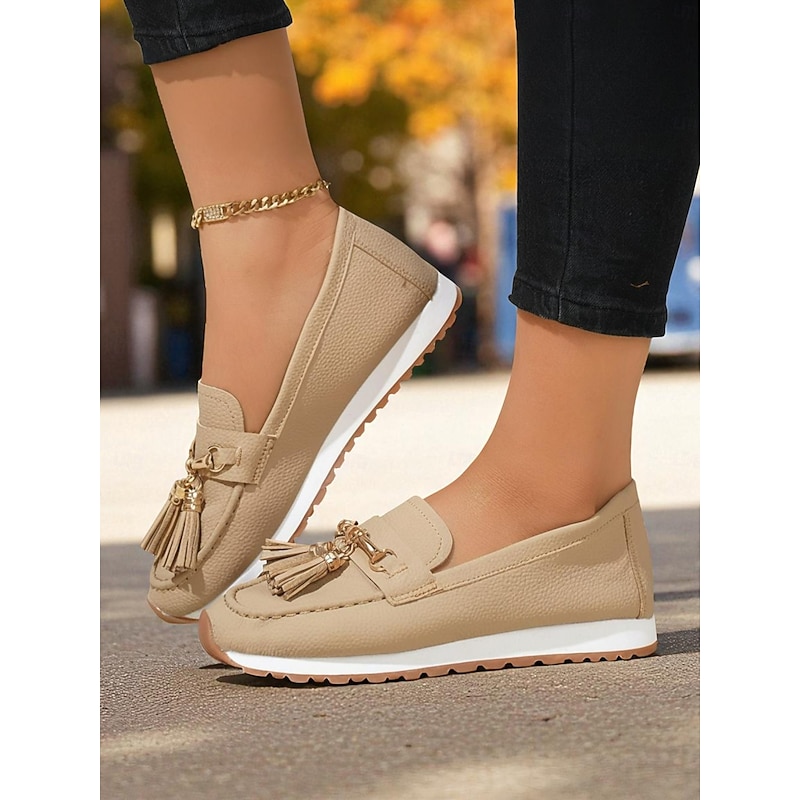 Women's Beige Faux Leather Tassel Loafers with Gold Chain - Casual Preppy Style Flat Moccasins for Ladies, Ideal for Work, Driving, and Daily Streetwear2
