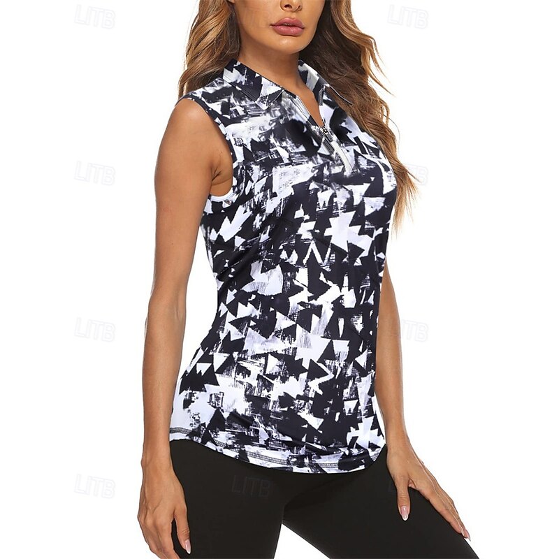 Women's Graphic Geometric Sport Shirt Golf Polo Shirt Tennis Shirt Sleeveless Zipper High Elasticity Moisture Wicking Breathable Tennis Golf Pickleball Turndown Zip Collar Shirt Top Black Blue Tennis3
