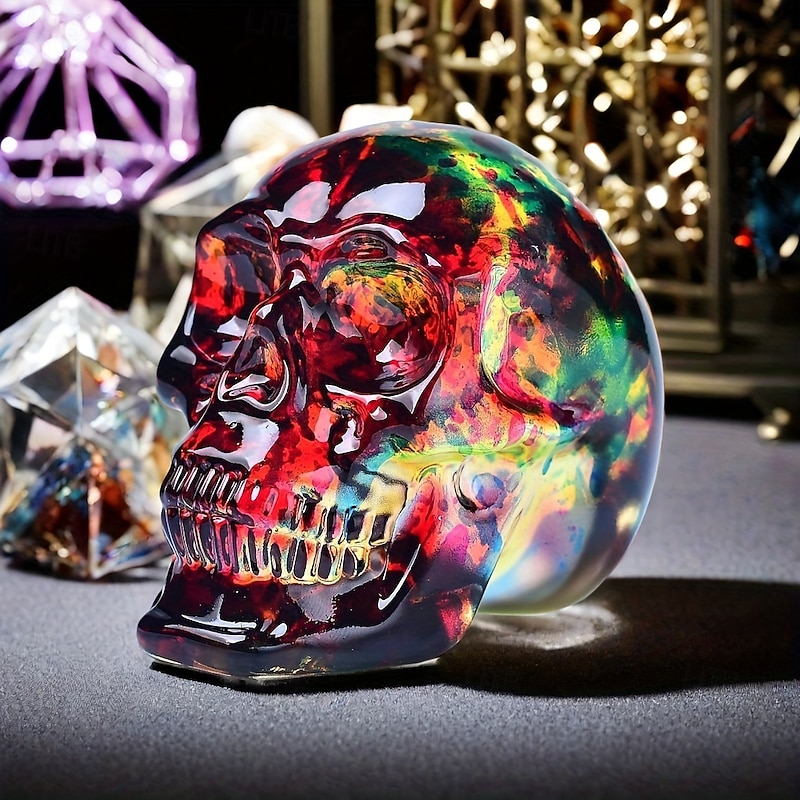 Handcrafted Glass Skull Figurine - Multicolor Iridescent Crystal Skull Sculpture Americana Fantasy Decor for Various Room Types Ideal for Christmas Halloween Easter Day of the Dead Decorations