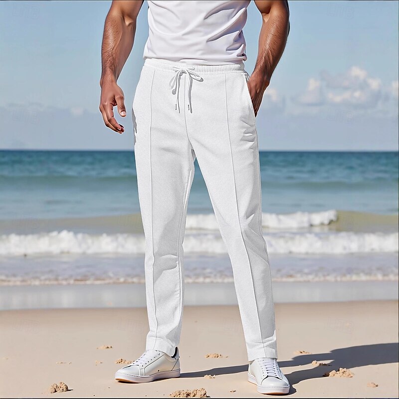 Men's Sweatpants Joggers Trousers Casual Pants Waffle Pants Elastic Waist Drawstring Plain Comfort Full Length Outdoor Casual Daily Vacation Fashion Black White Stretchy