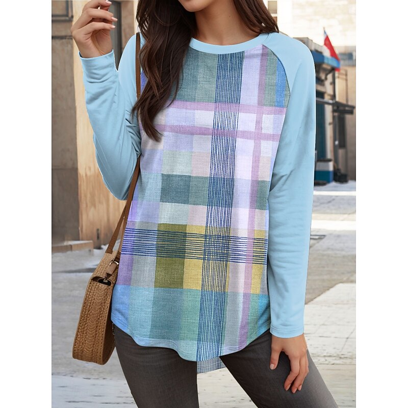 Women's T Shirt Graphic Plaid Vintage Fashion Stylish Long Sleeve Crew Neck Regular Tops Daily Weekend Print Pink Blue Purple Green Spring Fall4