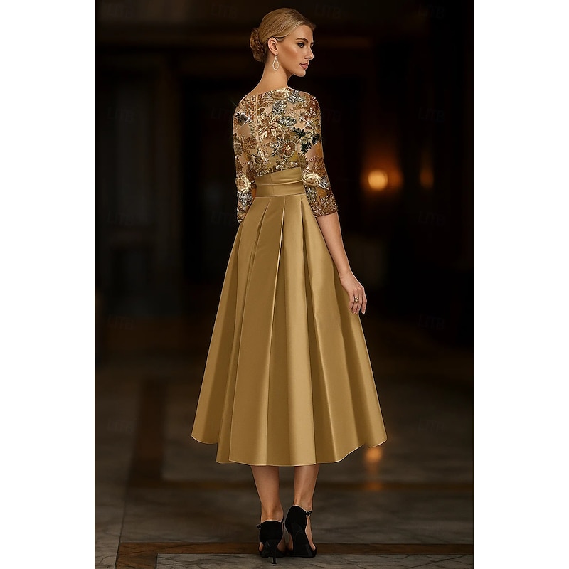 A-Line Gold Floral Beaded Lace Cocktail Dresses Elegant Dress Formal Wedding Tea Length 3/4 Length Sleeve Crew Neck Satin with Pleats2