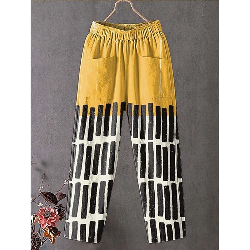 Women's Slacks Vacation Vintage Ethnic Style Ankle-Length High Waist Geometric Striped Abstract Pocket Comfy Breathability Lightweight Inelastic Outdoor Vacation Causal Yellow Khaki Summer Spring2