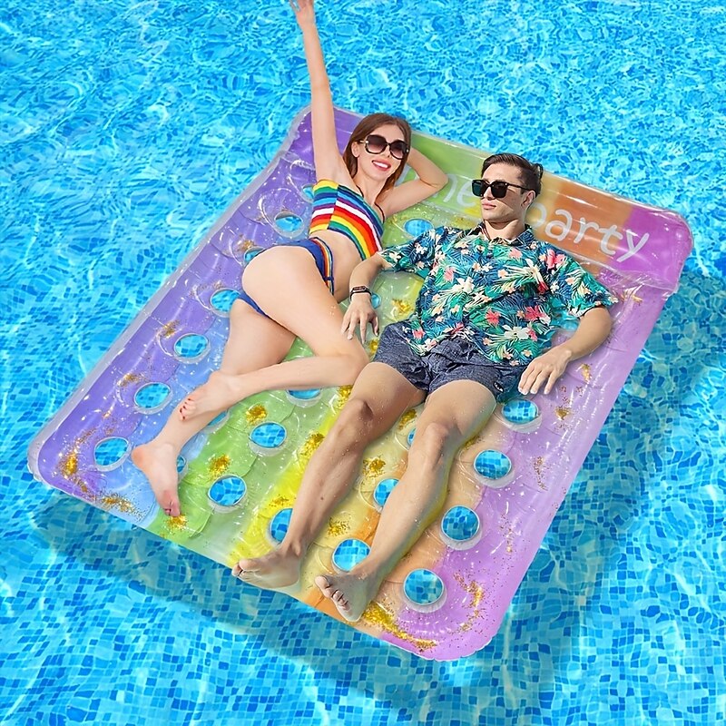Large Inflatable Pool Lounger Adult Rainbow Color Gradient Hole Water Floating Mat Giant Pool Float Pool Beauty Black Bed Chair Large Water Floating Lounger Set Giant Floating Hammock Pad PVC4