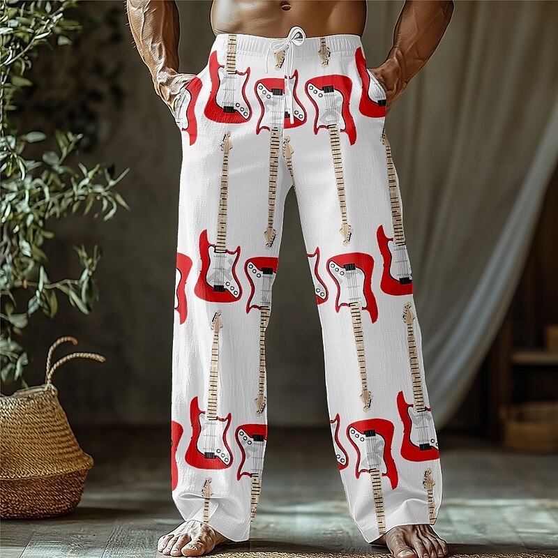 Men's Guitar Musical Instrument Trousers Baggy Pants Casual Pants Mid Waist Retro Vintage Outdoor Vacation Drawstring Side Pockets Elastic Waist Summer Spring 3D Print Black White Blue3