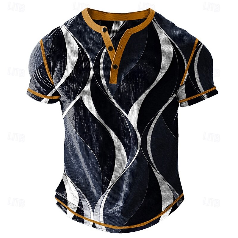 Men's Graphic Abstract Henley Shirt Waffle T Shirt Short Sleeve Daily Contemporary Retro Vintage Sports Outdoor Casual Holiday Spring & Summer All Seasons Navy Blue Khaki Light Grey Henley Henley2