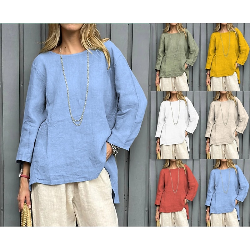 Women's Blouse Solid Color Vintage Casual Boho Long Sleeve Round Neck Regular Tops Daily Weekend Patchwork White Yellow Red Sky Blue Khaki Spring, Fall, Winter, Summer