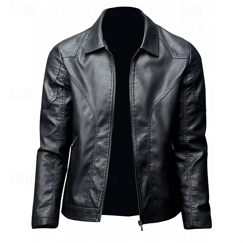 Men's Faux Leather Jacket Biker Jacket Motorcycle Jacket Vacation Daily Windproof Warm Pocket Fall Winter Plain Fashion Classic Lapel Regular Black Jacket