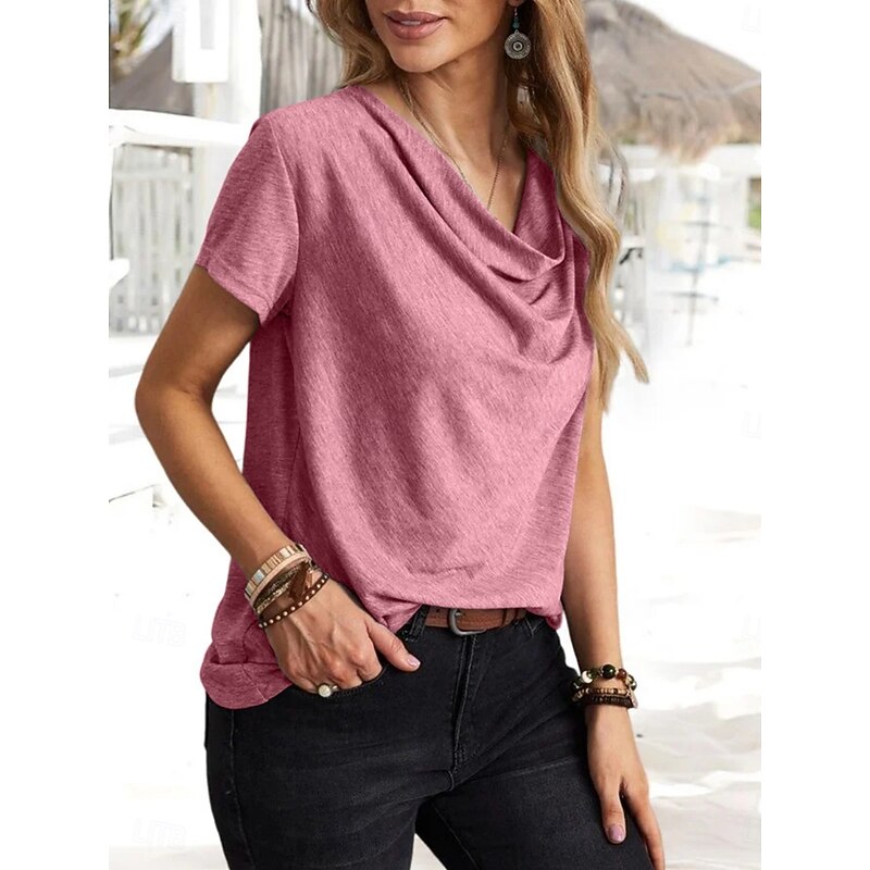 Women's T Shirt Plain Classic Modern Casual Short Sleeve Cowl Neck Regular Tops Daily Weekend Black Pink Blue Green Gray Summer Spring2