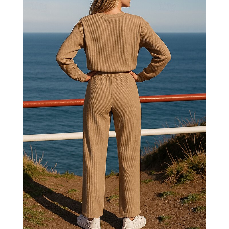 Women's Pullover Sweatshirt Sports Leisure Suits Casual Sweatshirt Set Waffle Solid Colored Clothing Suit Fall & Winter White Khaki Hiking Workout Athletic Windproof Lightweight Long Sleeve Sport2