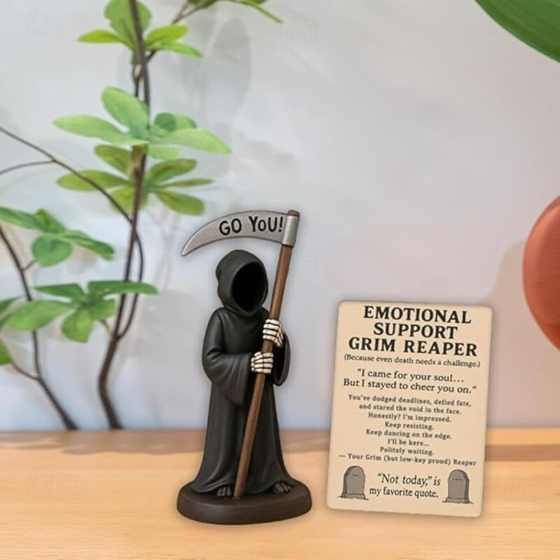 Emotional Support Grim Reaper Figurine, STAtue of The Grim REAper Holding Coffee,Resin GRIM Reapers S-tatue Holding Coffee,Ironic Gothic Black Robe Mysterious Statue Desktop Decoration4