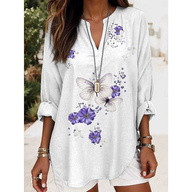 Women's Blouse Tunic V Neck Long Sleeve Boho Casual Tops Graphic Butterfly Elegant Stylish Regular Tops Daily Print Red Purple Green Rainbow4