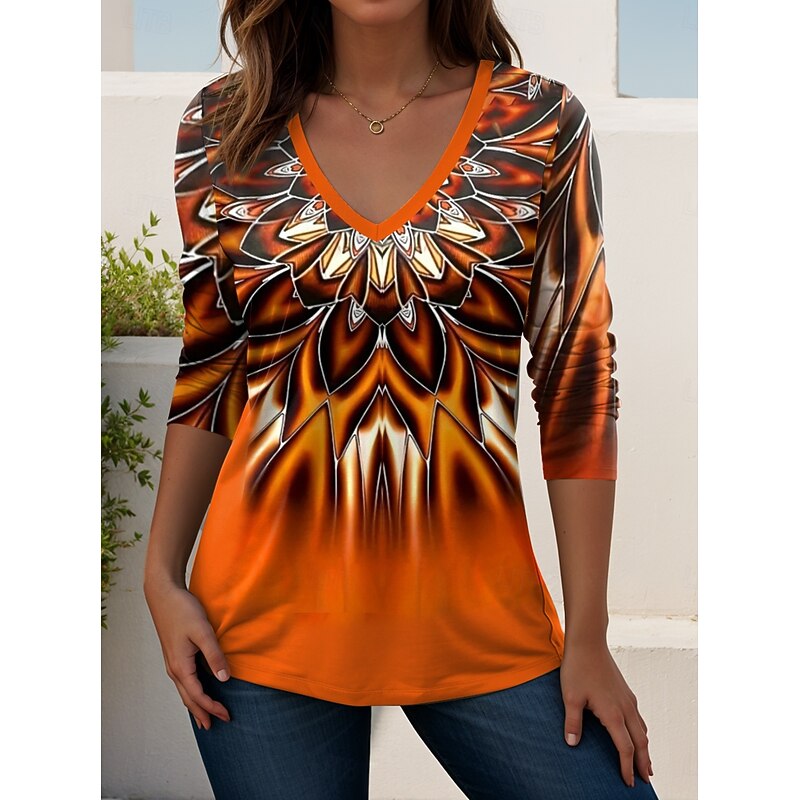 Women's T Shirt V Neck Long Sleeve Tunic Ombre Floral Graphic Elegant Vintage Regular Tops Daily Print Black Pink Orange Summer Spring2