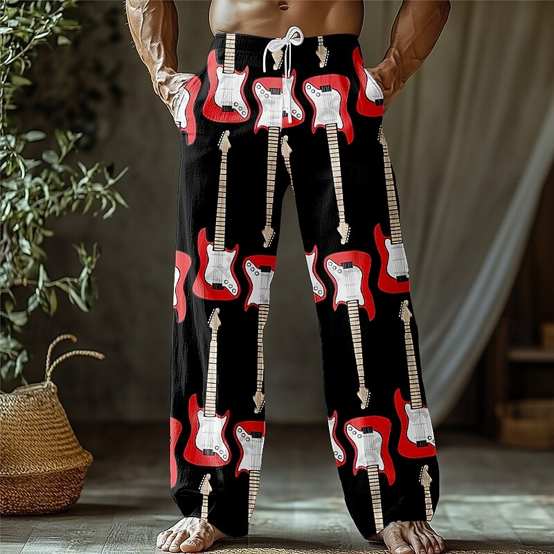 Men's Guitar Musical Instrument Trousers Baggy Pants Casual Pants Mid Waist Retro Vintage Outdoor Vacation Drawstring Side Pockets Elastic Waist Summer Spring 3D Print Black White Blue