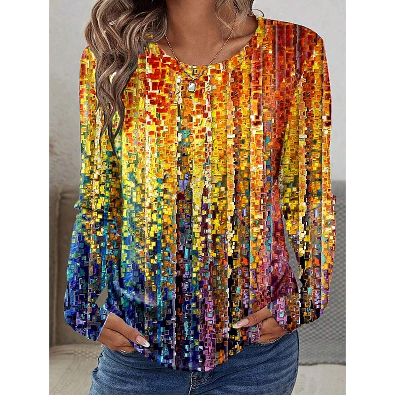 Women's T shirt Crew Neck Long Sleeve Tunic Ombre Graphic Rainbow Vintage Stylish Classic  Round Neck Regular Tops Daily Print Orange Fall
