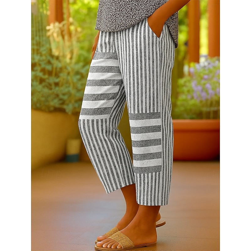 Women's Chinos Shorts Cropped Pants Elegant Vacation Vintage Ankle-Length High Waist Graphic Stripe Striped Layered Inelastic Outdoor Street Daily Black Red Gray Summer Spring2