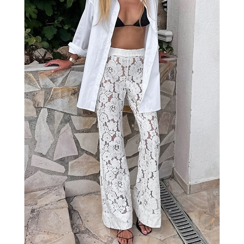 Women's Wide Leg Bell Bottom Slacks Streetwear Casual Full Length Natural Plain Lace Elastic Waist Soft Holiday Daily Wear Weekend White Fall Regular Fit