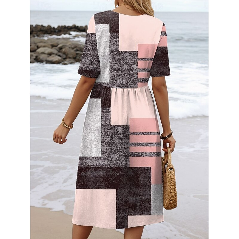 Women's Midi Dress A Line Dress Summer Dress Vacation Casual Holiday Regular Fit Graphic Geometric Half Sleeve Crew Neck Pink Red Blue Green Summer Spring2