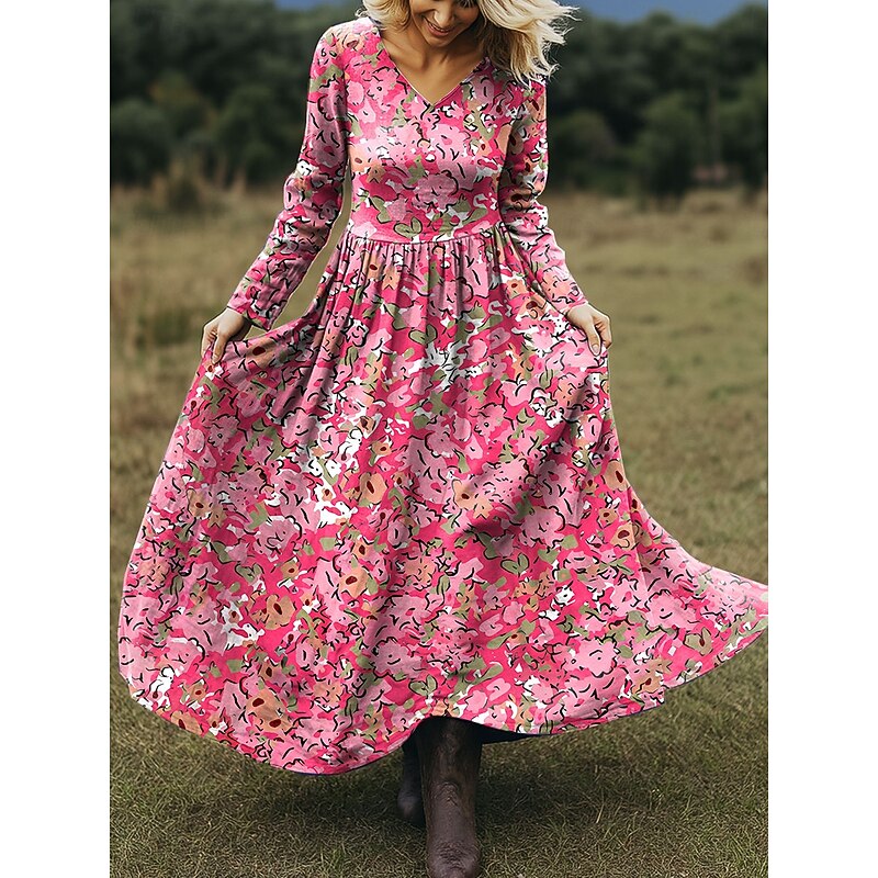 Women's Maxi Dress A Line Dress Vacation Casual Boho Beach Regular Fit Floral Graphic Long Sleeve V Neck Pink Blue Orange Beige Spring Fall2