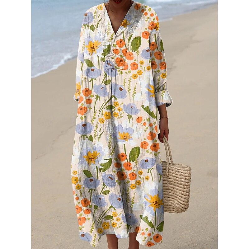 Women's Midi Dress V Neck Long Sleeve Kaftan Lightweight Loose Fit A Line Dress Casual Going out Loose Fit Graphic Geometric Long Sleeve V Neck Dark Red Yellow Blue Green Fall4