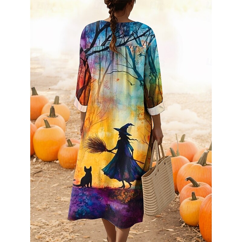 Halloween Women's Witch Print Midi Dress V Neck Long Sleeve Kaftan Lightweight Loose Fit A Line Dress Casual Going out Graphic Long Sleeve V Neck Yellow Orange Green Rainbow Fall2