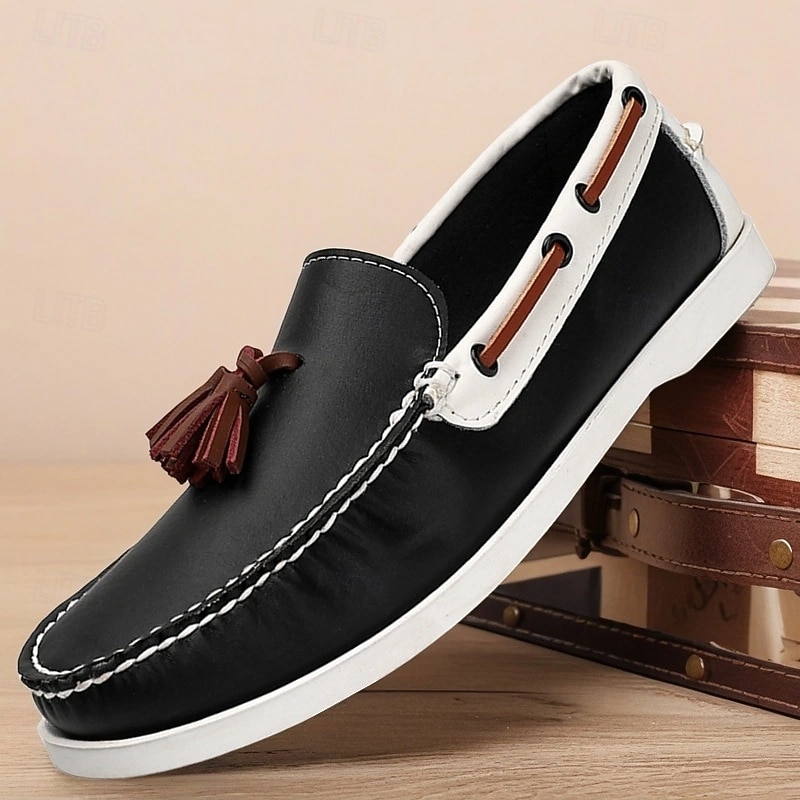 Black and White Tassel Loafers for Men – Trendy Slip-On Design, Faux Leather Casual Shoes for Work and Weekend Outings