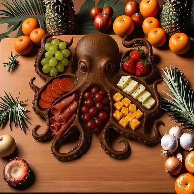 Octopus Charcuterie Platter Octopus Design Wooden Serving Tray Novelty Meats & Fruit Ocean Themed Cheese Bread Board Ideal Gift for Seafood Lovers2
