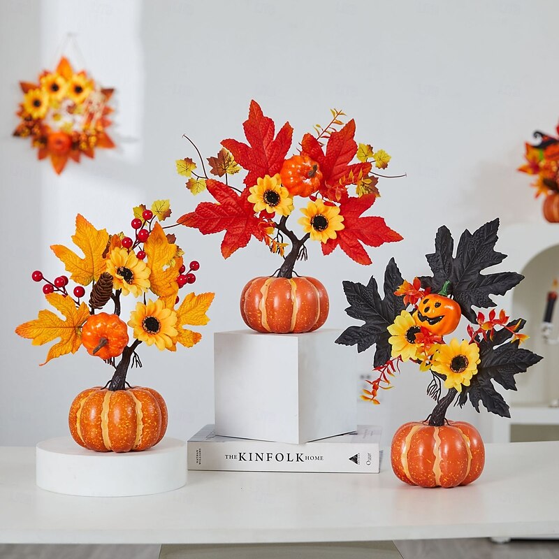 Halloween Fall Desktop Ornament with Faux Pumpkin, Red Berries, Maple Leaves and LED Lights for Autumn Harvest Festival, Spooky Halloween Scene Decoration for Fall Home Setup2