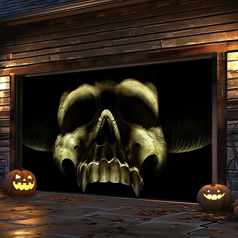 Halloween Outdoor Garage Door Cover Shadow Skull by Tom Wood Skeletons Banner Large Tapestry Backdrop Decoration for Holiday Outdoor Garage Door Home Wall Decorations2