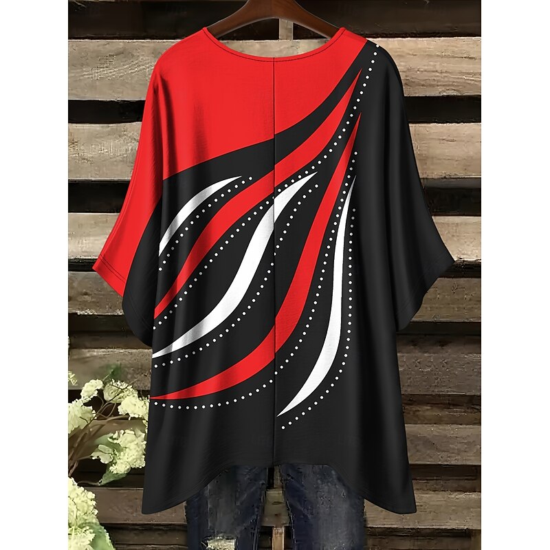 Women's Blouse Graphic Geometric Vintage Daily Casual Half Sleeve Batwing Sleeve Crew Neck Regular Tops Daily Holiday Beach Wear Asymmetric White Wine Red Summer Spring4