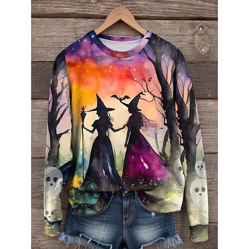 Halloween Women's Sweatshirts Witch Graphic Casual Long Sleeve Crew Neck Regular Tops Street Print Yellow Orange Green Fall Winter2