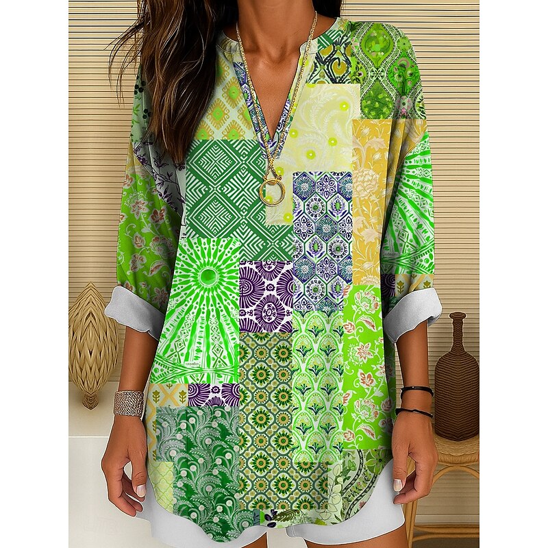 Women's Blouse Tunic V Neck Long Sleeve Boho Casual Graphic Geometric Color Block Elegant Bohemia Vintage Regular Tops Daily Wear Print Yellow Red Blue Purple Green4