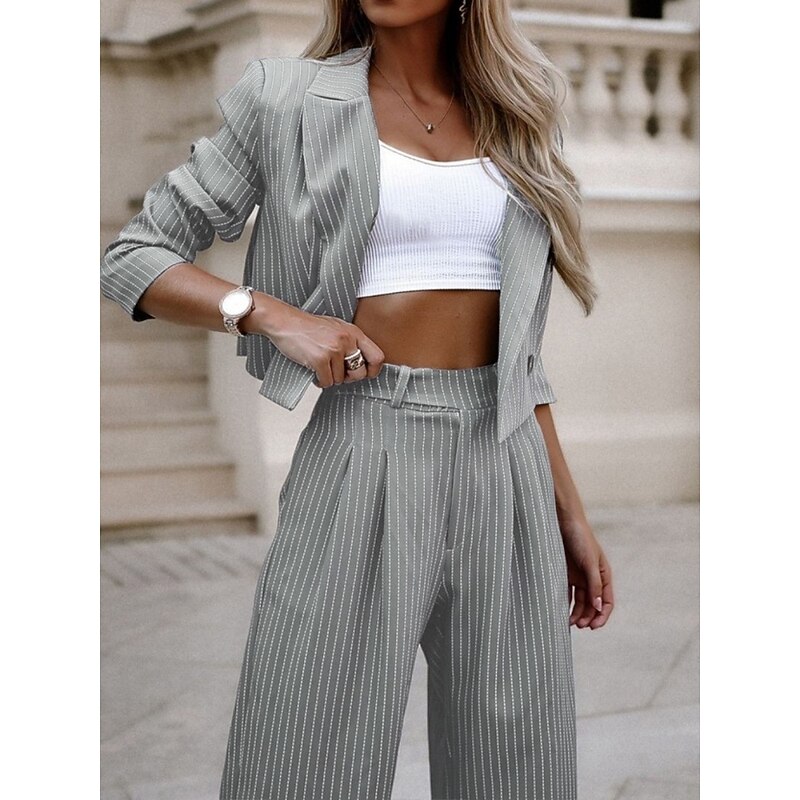 Women's Fashion Daily Two Piece Sets Pants Sets Long Sleeve Shirt Collar Striped Print Office Black Blue Gray Summer Regular Fit2
